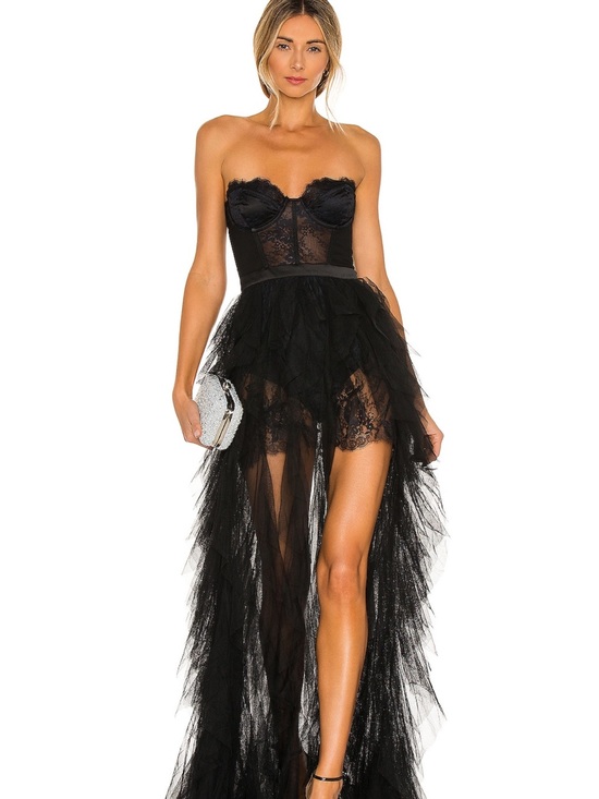 For Love And Lemons Dresses & Skirts - For Love & Lemons Black Strapless Lace Bustier High-Low Tulle Gown